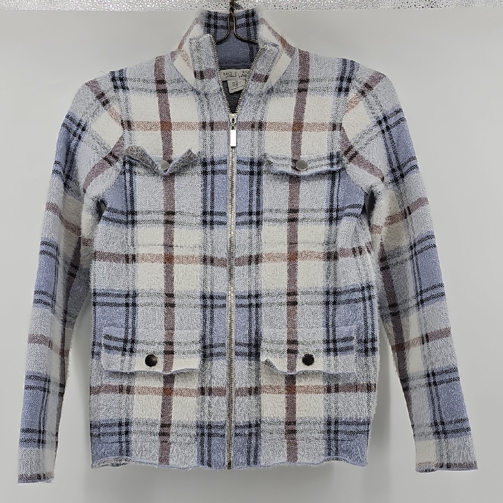 Rachel Zoe Fuzzy Plaid Full Zip Sweater Jacket, XS, Gray Blue White Eyelash Knit